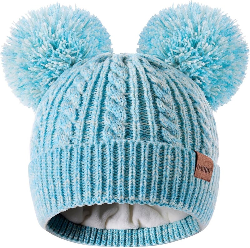 HAITHO Winter Hat for Kids Toddler Children, Girls Beanie with Double Pom Pom Warm Fleece Lined, Girls Accessories Knit Cap - Image 1